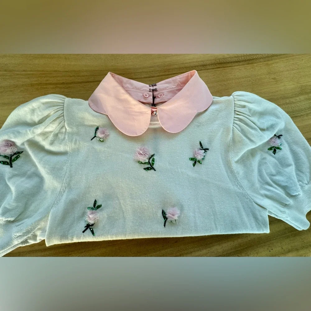 Alice + Olivia White Blouse with Pink Collar - Picture 3 of 6